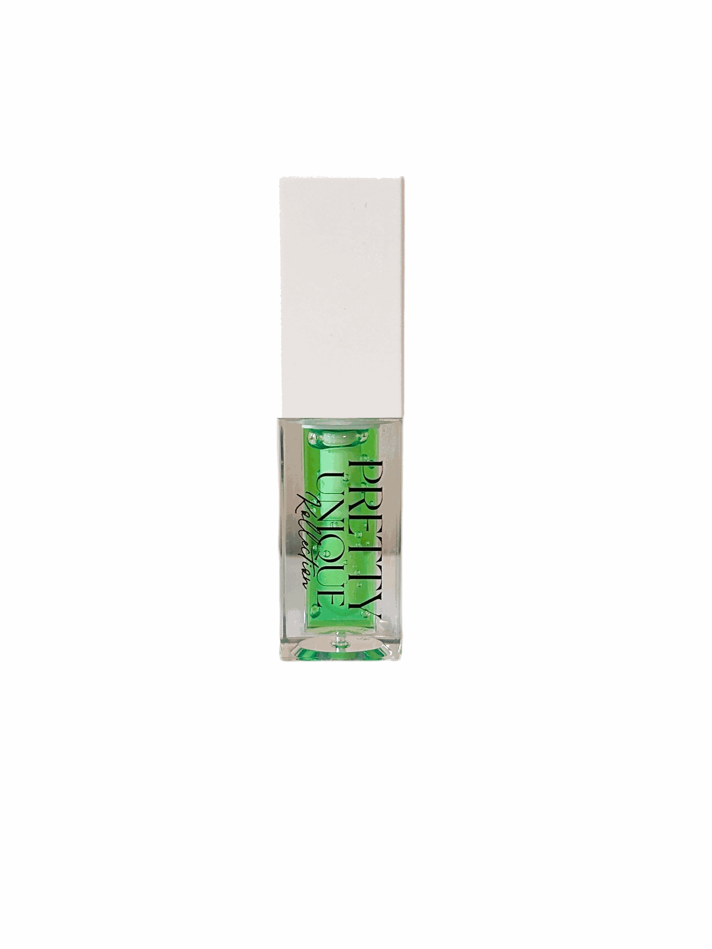 Green Appletini flavored lip oil in clear tube with black cap
