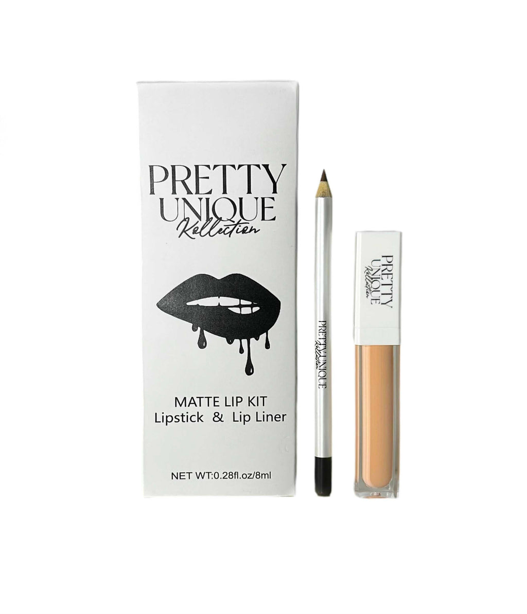 Georgia peach + creamy neutral lipstick with brown liner for a soft, romantic lip combo