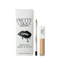 Georgia peach + creamy neutral lipstick with brown liner for a soft, romantic lip combo