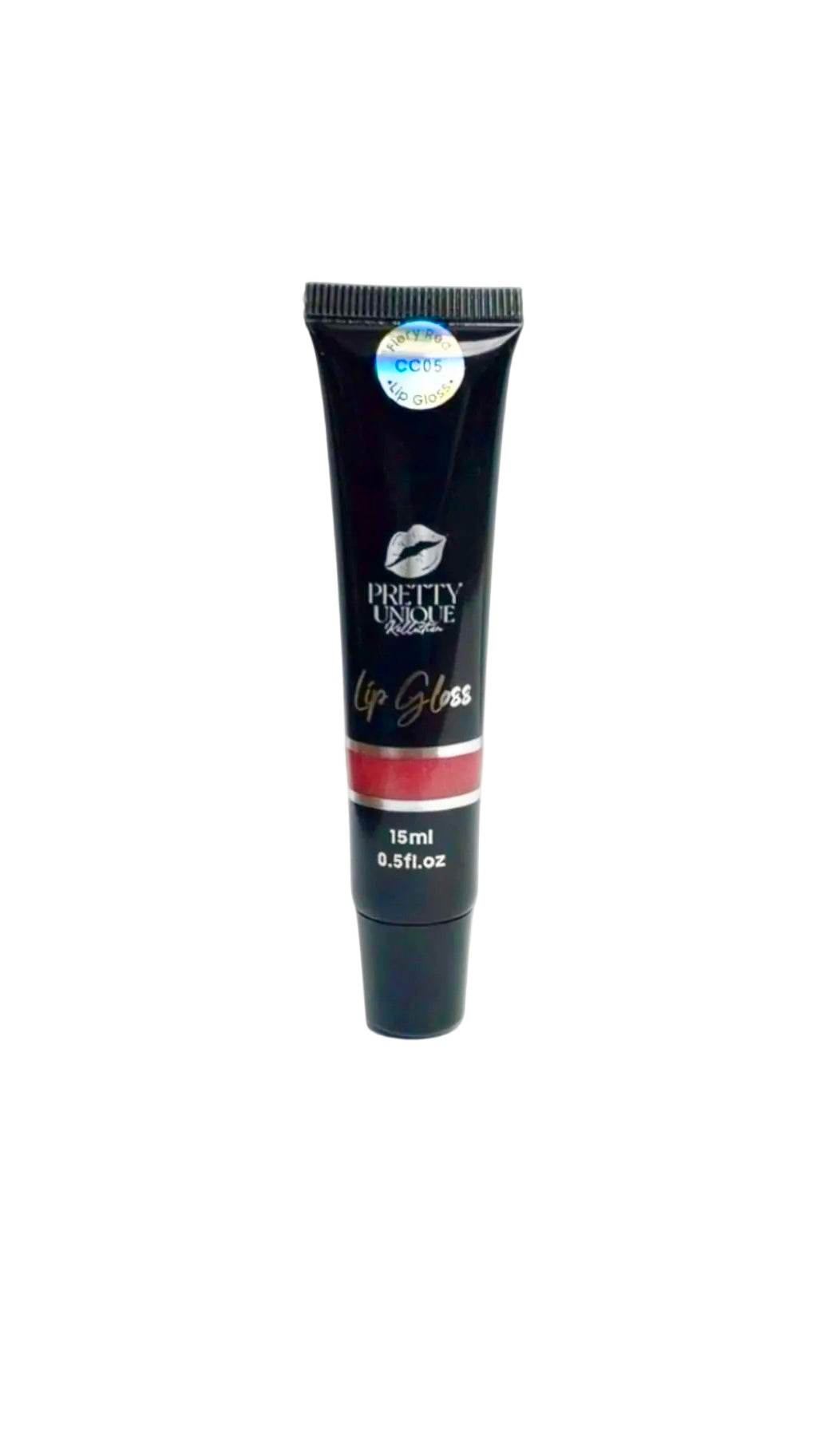 Lip Gloss in a black squeeze tube with pink and silver bands, metallic lettering, and a rounded applicator tip