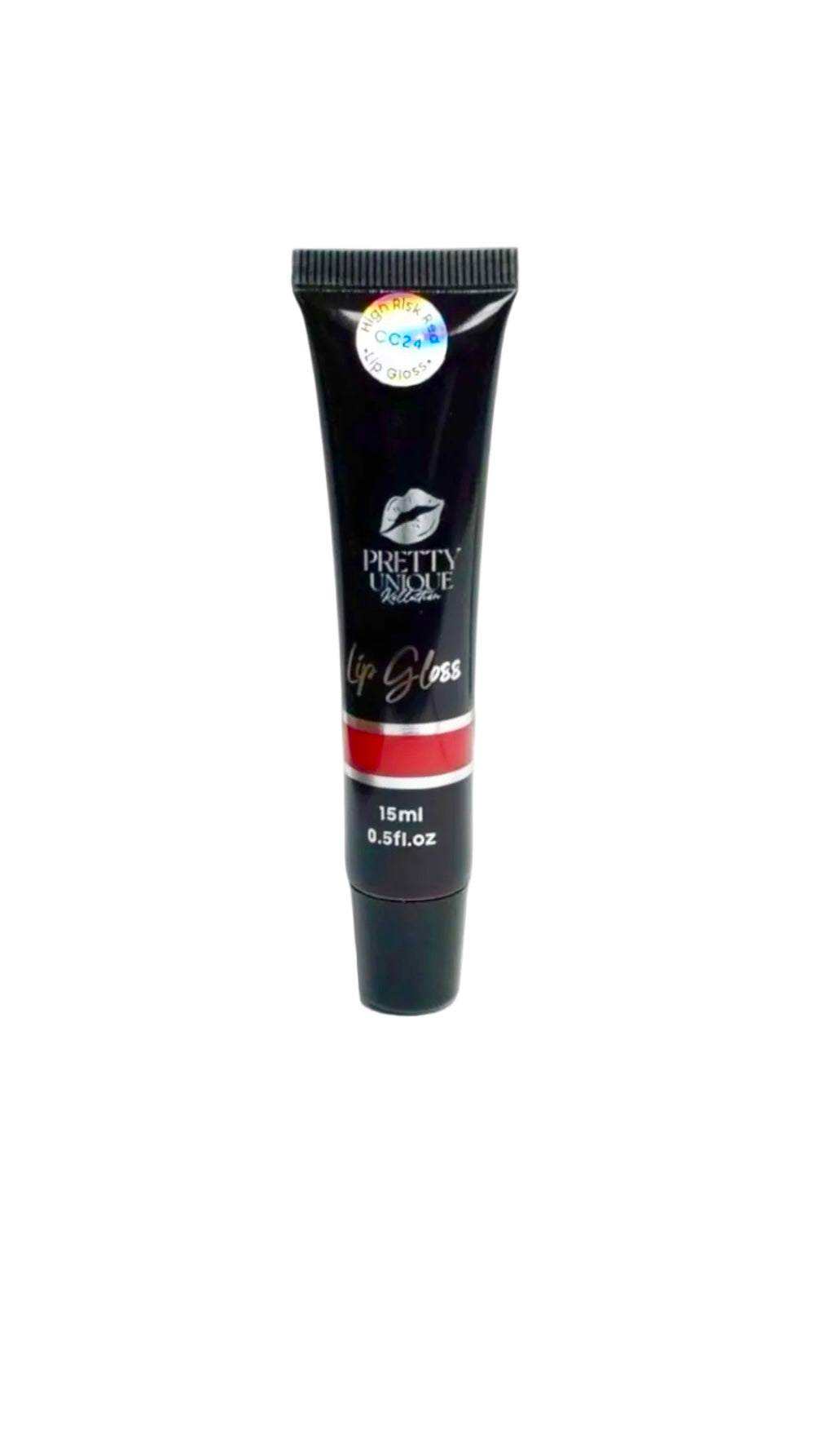 Lip Gloss in a black squeeze tube with red accent, silver lettering, and a glossy finish