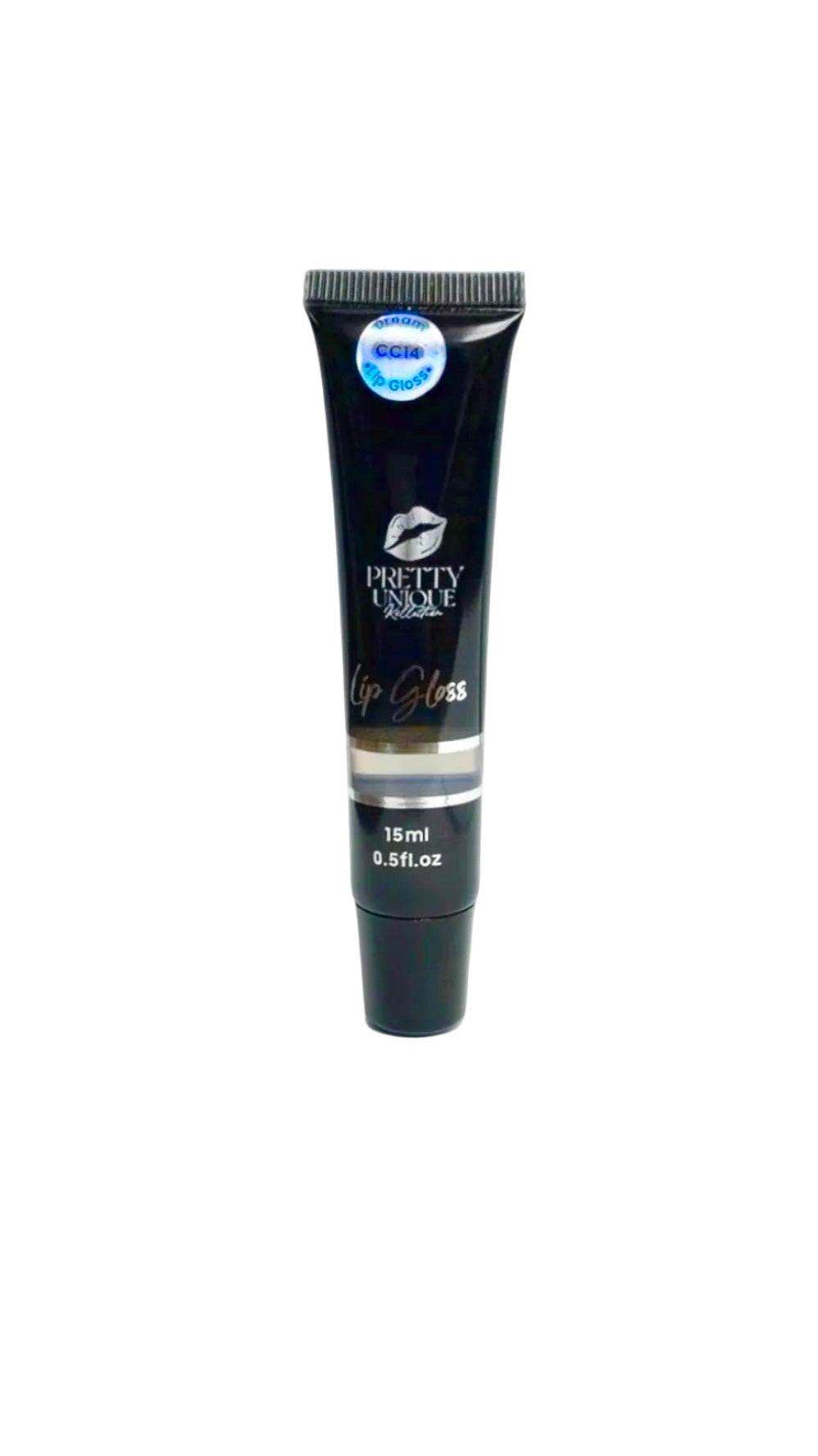 Lip Gloss in a black squeeze tube with silver cap, holographic label, and clear glossy formula
